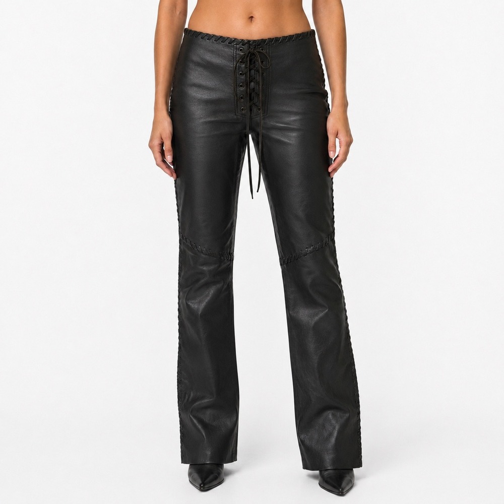 LOBI NWT Genuine Leather Pants Womens 8 Black Lace Up Whipstitch Biker Y2K